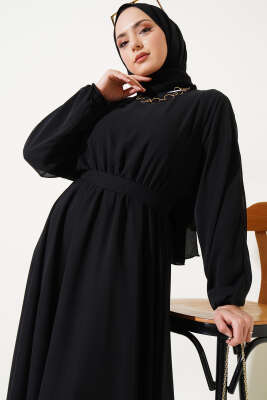 Bel Lastikli Kuşaklı Tül Elbise Siyah - Tesettür Elbise