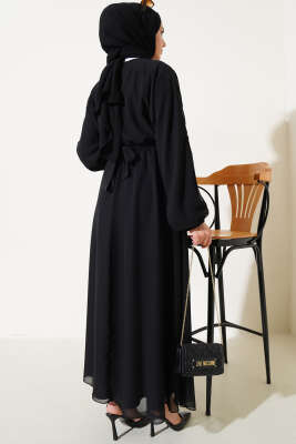 Bel Lastikli Kuşaklı Tül Elbise Siyah - Tesettür Elbise