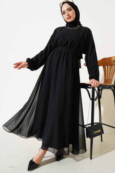 Bel Lastikli Kuşaklı Tül Elbise Siyah - Tesettür Elbise