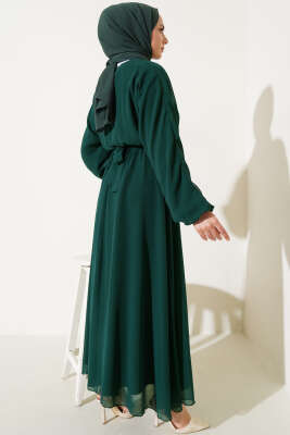 Bel Lastikli Kuşaklı Tül Elbise Zümrüt - Tesettür Elbise