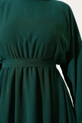 Bel Lastikli Kuşaklı Tül Elbise Zümrüt - Tesettür Elbise