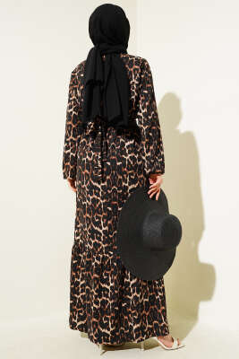 Bel Lastikli Leopar Desen Bürümcük Elbise Leopar - Tesettür Elbise