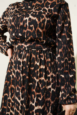 Bel Lastikli Leopar Desen Bürümcük Elbise Leopar - Tesettür Elbise