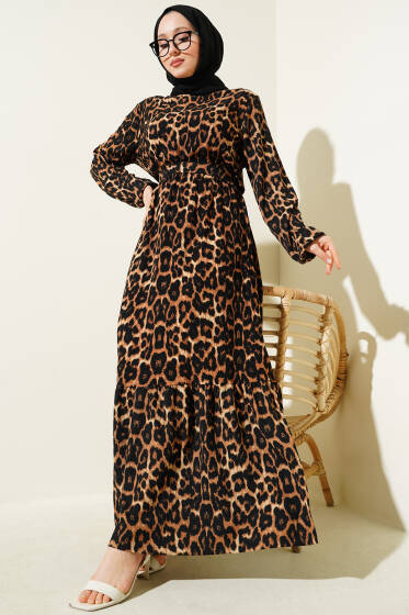 Bel Lastikli Leopar Desen Volanlı Bürümcük Elbise Leopar - Elbise
