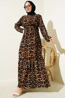 Bel Lastikli Leopar Desen Volanlı Bürümcük Elbise Leopar
