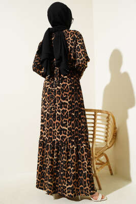 Bel Lastikli Leopar Desen Volanlı Bürümcük Elbise Leopar - Tesettür Elbise