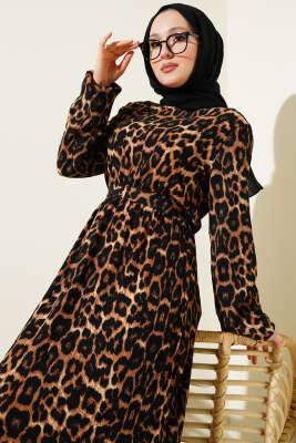 Bel Lastikli Leopar Desen Volanlı Bürümcük Elbise Leopar - Tesettür Elbise