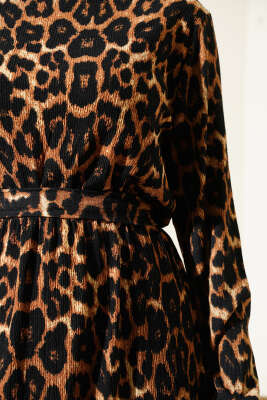 Bel Lastikli Leopar Desen Volanlı Bürümcük Elbise Leopar - Tesettür Elbise