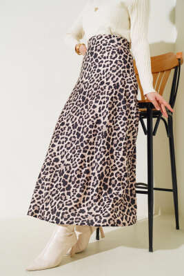 Bel Lastikli Leopar Saten Etek Bej - Uzun Etek