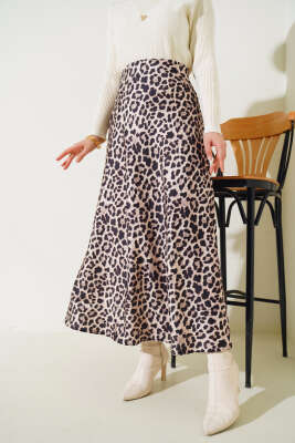 Bel Lastikli Leopar Saten Etek Bej - Uzun Etek