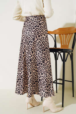 Bel Lastikli Leopar Saten Etek Bej - Uzun Etek