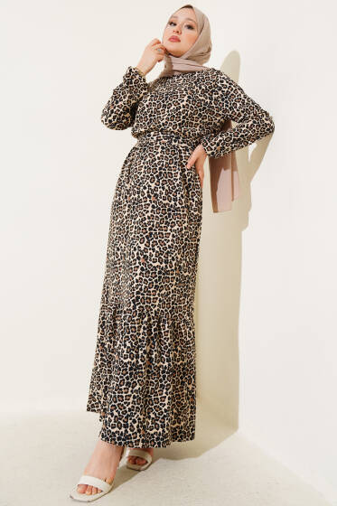 Bel Lastikli Leoparlı Bürümcük Elbise Leopar - Elbise