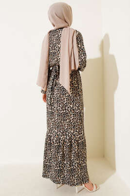 Bel Lastikli Leoparlı Bürümcük Elbise Leopar - Tesettür Elbise
