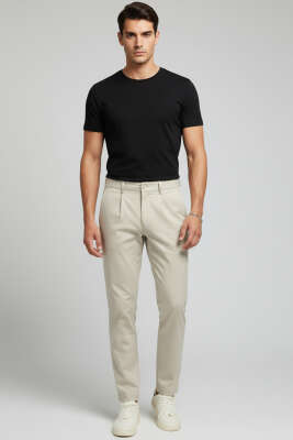 Bel Lastikli Likralı Erkek Pantolon Bej - Erkek Pantolon