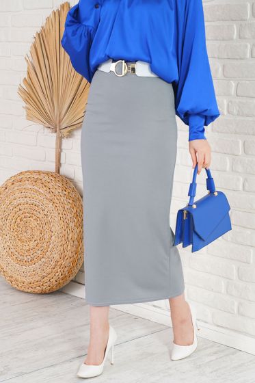 Bel Lastikli Likralı Gri Kalem Etek - Kalem Etek