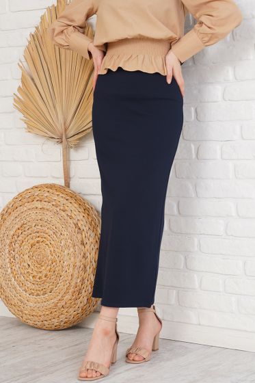 Bel Lastikli Likralı Lacivert Kalem Etek - Uzun Etek