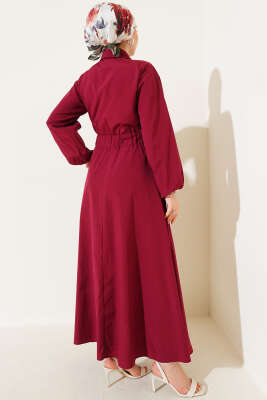 Bel Lastikli Metal Düğmeli Elbise Bordo - Tesettür Elbise