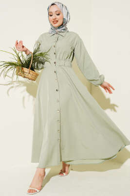Bel Lastikli Metal Düğmeli Elbise Çağla Yeşili - DENİZ LIFE