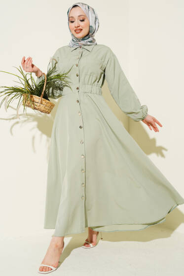 Bel Lastikli Metal Düğmeli Elbise Çağla Yeşili - Elbise
