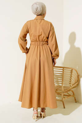 Bel Lastikli Metal Düğmeli Elbise Camel - 500-700 TL Ürünler