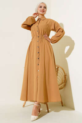 Bel Lastikli Metal Düğmeli Elbise Camel - 500-700 TL Ürünler