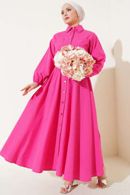 Bel Lastikli Metal Düğmeli Elbise Fuşya 