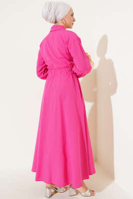 Bel Lastikli Metal Düğmeli Elbise Fuşya - Tesettür Elbise