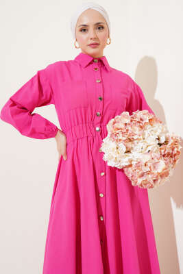 Bel Lastikli Metal Düğmeli Elbise Fuşya - Tesettür Elbise
