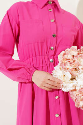 Bel Lastikli Metal Düğmeli Elbise Fuşya - Tesettür Elbise