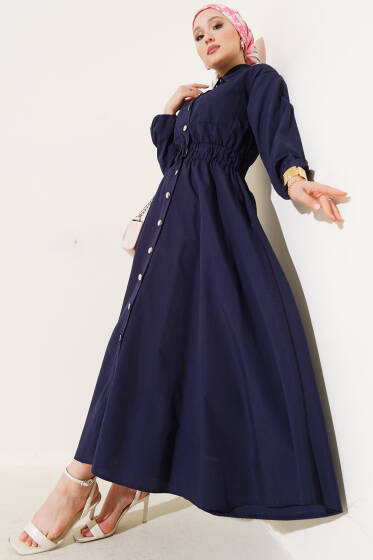 Bel Lastikli Metal Düğmeli Elbise Lacivert - Elbise