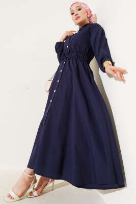 Bel Lastikli Metal Düğmeli Elbise Lacivert 