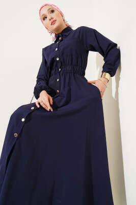 Bel Lastikli Metal Düğmeli Elbise Lacivert - Tesettür Elbise
