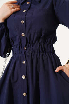 Bel Lastikli Metal Düğmeli Elbise Lacivert - Tesettür Elbise