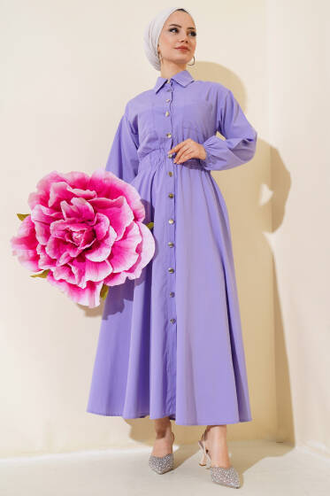 Bel Lastikli Metal Düğmeli Elbise Lila - Yeni Tesettür Giyim
