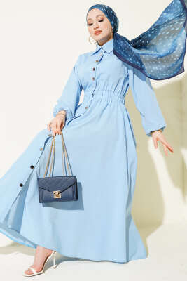 Bel Lastikli Metal Düğmeli Elbise Mavi - DENİZ LIFE
