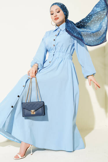 Bel Lastikli Metal Düğmeli Elbise Mavi - Elbise