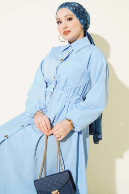 Bel Lastikli Metal Düğmeli Elbise Mavi - Elbise