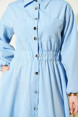 Bel Lastikli Metal Düğmeli Elbise Mavi - Elbise