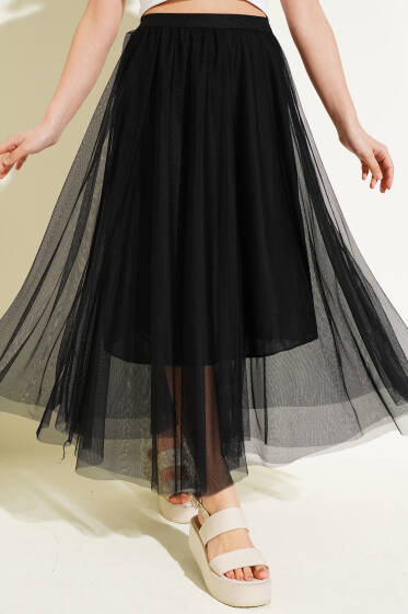 Bel Lastikli Midi Tül Etek Siyah - Kadın Giyim Modelleri