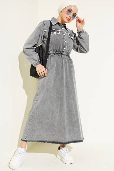 Bel Lastikli Midye Dikişli Kot Elbise Gri - Tesettür Elbise