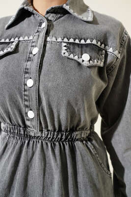 Bel Lastikli Midye Dikişli Kot Elbise Gri - Tesettür Elbise