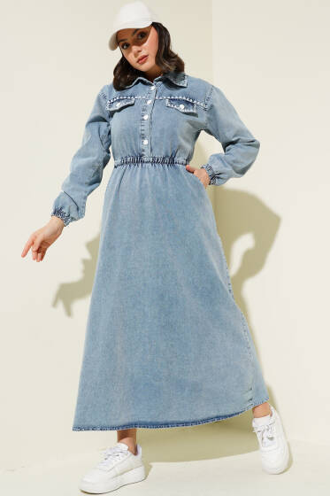 Bel Lastikli Midye Dikişli Kot Elbise Kot Mavisi - Tesettür Elbise