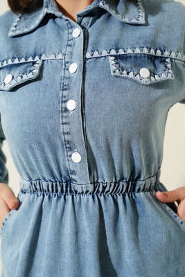 Bel Lastikli Midye Dikişli Kot Elbise Kot Mavisi - Tesettür Elbise