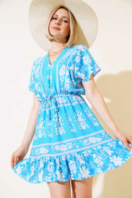 Bel Lastikli Mini Elbise Mavi - ESTELLE