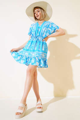 Bel Lastikli Mini Elbise Mavi - Kadın Giyim Modelleri