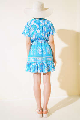 Bel Lastikli Mini Elbise Mavi - Kadın Giyim Modelleri