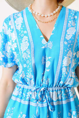 Bel Lastikli Mini Elbise Mavi - Kadın Giyim Modelleri