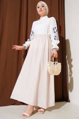 Bel Lastikli Müslin Etek Bej - Uzun Etek