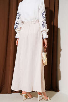 Bel Lastikli Müslin Etek Bej - Uzun Etek