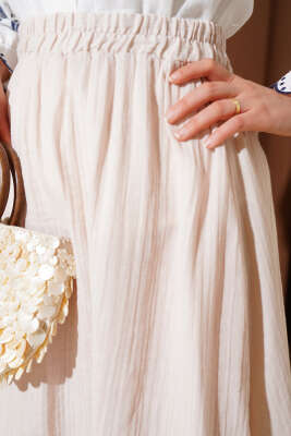 Bel Lastikli Müslin Etek Bej - Uzun Etek